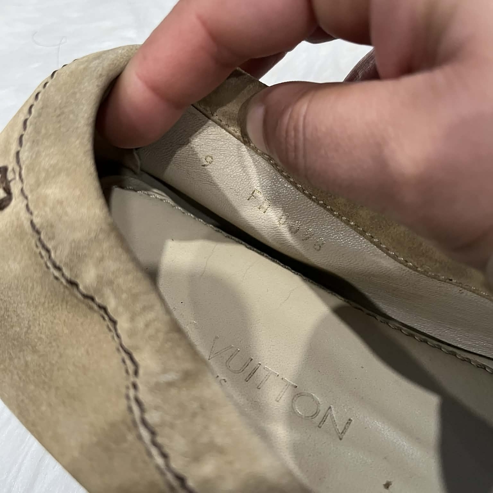 Louis Vuitton Men’s Suede Driving Loafers in Tan Small Details Photos - Picture 9 of 12